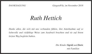 Traueranzeige von Ruth Hettich von Geislinger Zeitung