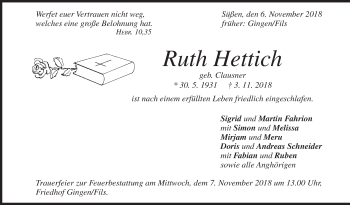 Traueranzeige von Ruth Hettich von NWZ Neue Württembergische Zeitung/Geislinger Zeitung