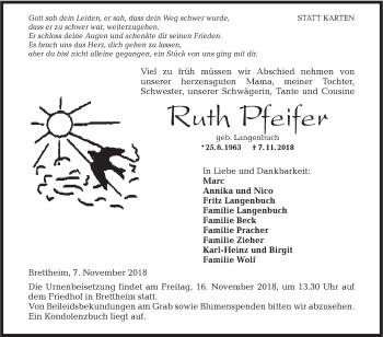 Traueranzeige von Ruth Pfeifer von Hohenloher Tagblatt