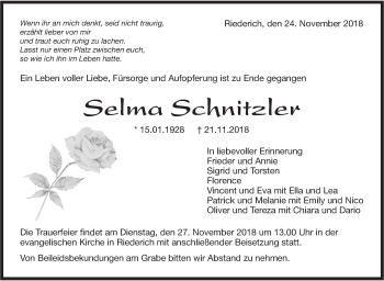 Traueranzeige von Selma Schnitzler von Metzinger-Uracher Volksblatt