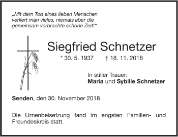 Traueranzeige von Siegfried Schnetzer von SÜDWEST PRESSE Ausgabe Ulm/Neu-Ulm