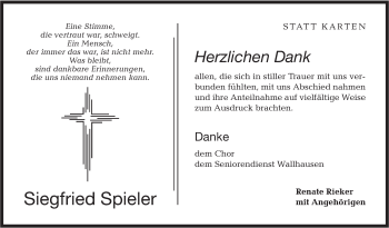 Traueranzeige von Siegfried Spieler von Hohenloher Tagblatt