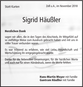 Traueranzeige von Sigrid Häußler von NWZ Neue Württembergische Zeitung