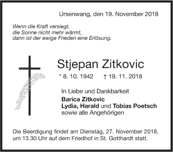 Traueranzeige von Stjepan Zitkovic von NWZ Neue Württembergische Zeitung