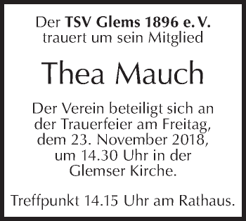 Traueranzeige von Thea Mauch von Metzinger-Uracher Volksblatt