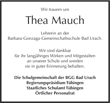 Traueranzeige von Thea Mauch von Metzinger-Uracher Volksblatt