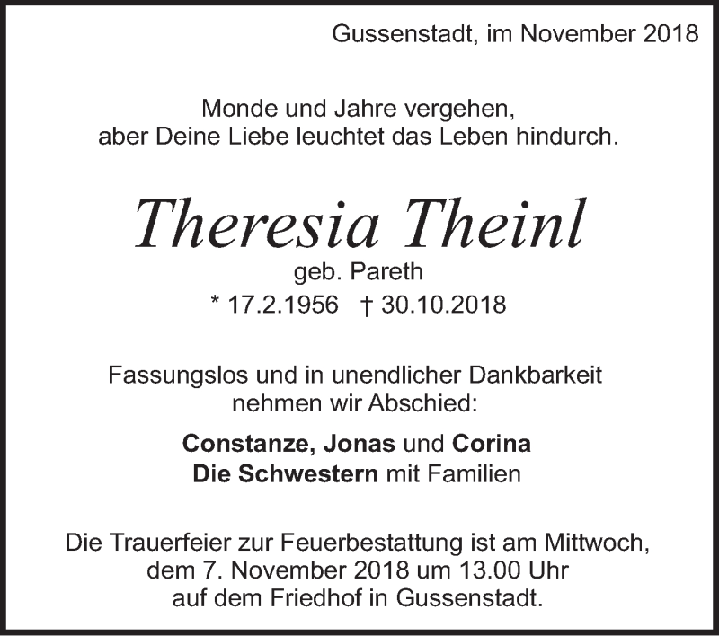  Traueranzeige für Theresia Theinl vom 05.11.2018 aus Geislinger Zeitung