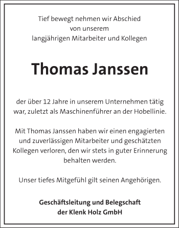 Traueranzeige von Thomas Janssen von Rundschau Gaildorf