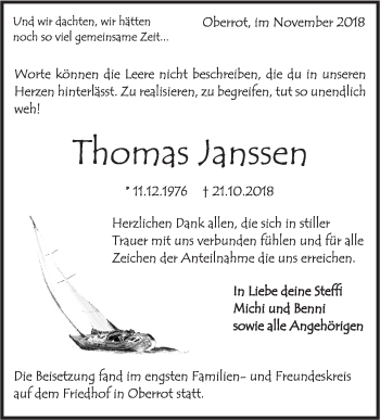 Traueranzeige von Thomas Janssen von Rundschau Gaildorf