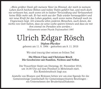 Traueranzeige von Ulrich Edgar Rösch von Metzinger-Uracher Volksblatt