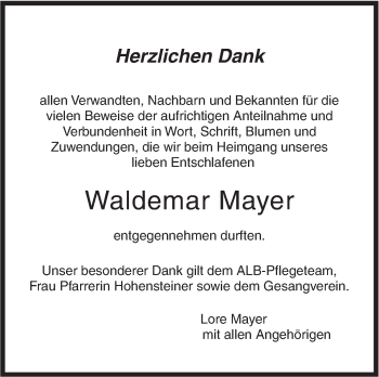 Traueranzeige von Waldemar Mayer von Metzinger-Uracher Volksblatt