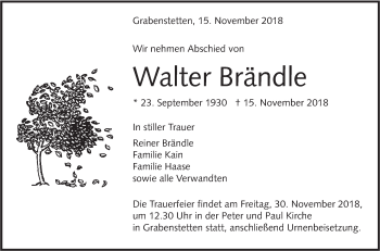 Traueranzeige von Walter Brändle von Alb-Bote/Metzinger-Uracher Volksblatt