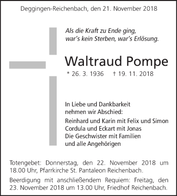 Traueranzeige von Waltraud Pompe von Geislinger Zeitung