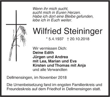 Traueranzeige von Wilfried Steininger von SÜDWEST PRESSE Ausgabe Ulm/Neu-Ulm