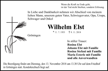 Traueranzeige von Wilhelm Elst von Hohenloher Tagblatt