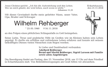 Traueranzeige von Wilhelm Rehberger von Haller Tagblatt