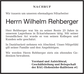 Traueranzeige von Wilhelm Rehberger von Haller Tagblatt