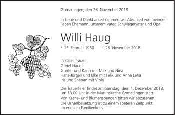 Traueranzeige von Willi Haug von Alb-Bote/Metzinger-Uracher Volksblatt