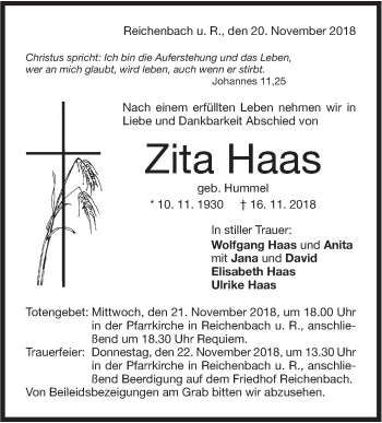 Traueranzeige von Zita Haas von NWZ Neue Württembergische Zeitung