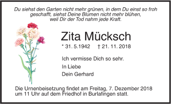 Traueranzeige von Zita Mücksch von SÜDWEST PRESSE Ausgabe Ulm/Neu-Ulm