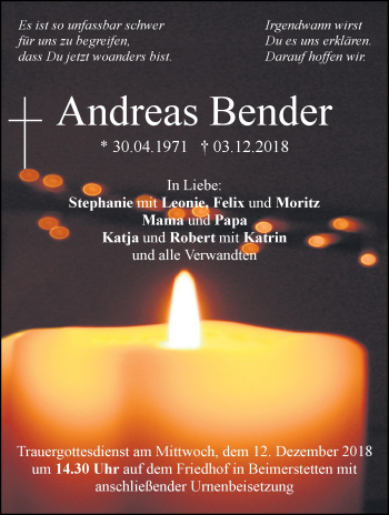 Traueranzeige von Andreas Bender von SÜDWEST PRESSE Ausgabe Ulm/Neu-Ulm