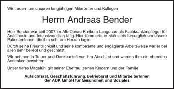 Traueranzeige von Andreas Bender von SÜDWEST PRESSE Ausgabe Ulm/Neu-Ulm