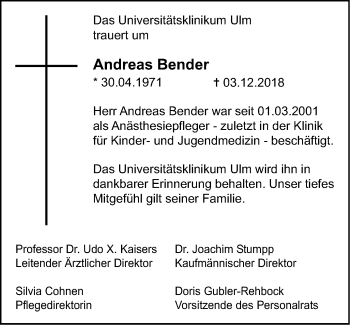 Traueranzeige von Andreas Bender von SÜDWEST PRESSE Ausgabe Ulm/Neu-Ulm