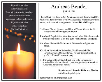 Traueranzeige von Andrras Bender von SÜDWEST PRESSE Ausgabe Ulm/Neu-Ulm