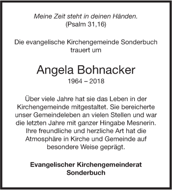 Traueranzeige von Angela Bohnacker von SÜDWEST PRESSE