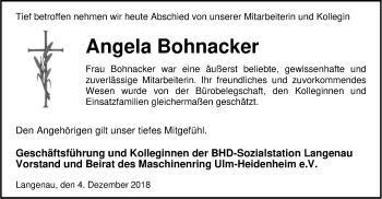 Traueranzeige von Angela Bohnacker von SÜDWEST PRESSE Ausgabe Ulm/Neu-Ulm