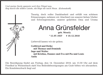 Traueranzeige von Anna Grünsfelder von Hohenloher Tagblatt