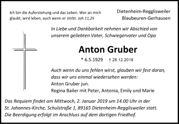 Traueranzeige von Anton Gruber von SÜDWEST PRESSE Ausgabe Ulm/Neu-Ulm