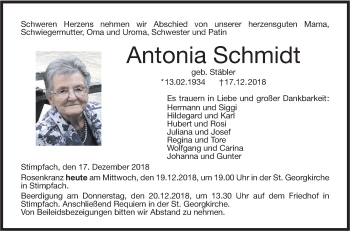 Traueranzeige von Antonia Schmidt von Hohenloher Tagblatt