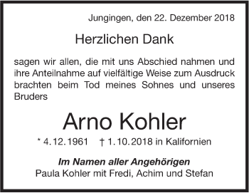 Traueranzeige von Arno Kohler von Hohenzollerische Zeitung