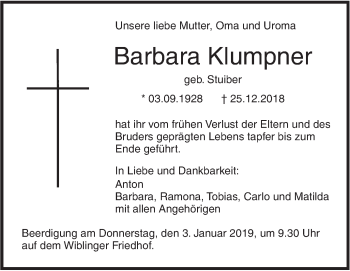 Traueranzeige von Barbara Klumpner von SÜDWEST PRESSE Ausgabe Ulm/Neu-Ulm