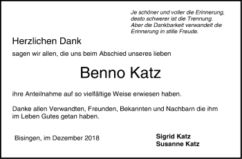 Traueranzeige von Benno Katz von Hohenzollerische Zeitung