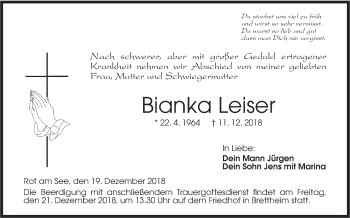 Traueranzeige von Bianka Leiser von Hohenloher Tagblatt