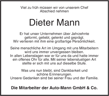 Traueranzeige von Dieter Mann von SÜDWEST PRESSE Ausgabe Ulm/Neu-Ulm