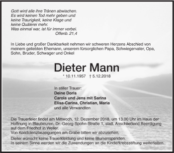 Traueranzeige von Dieter Mann von SÜDWEST PRESSE Ausgabe Ulm/Neu-Ulm