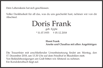 Traueranzeige von Doris Frank von Hohenloher Tagblatt