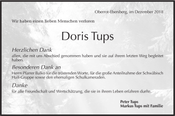 Traueranzeige von Doris Tups von Rundschau Gaildorf