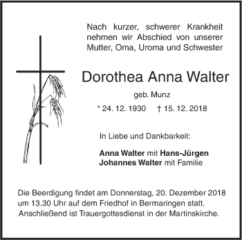 Traueranzeige von Dorothea Anna Walter von SÜDWEST PRESSE Ausgabe Ulm/Neu-Ulm