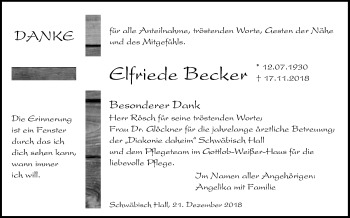 Traueranzeige von Elfriede Becker von Haller Tagblatt