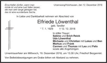 Traueranzeige von Elfriede Löwenthal von NWZ Neue Württembergische Zeitung