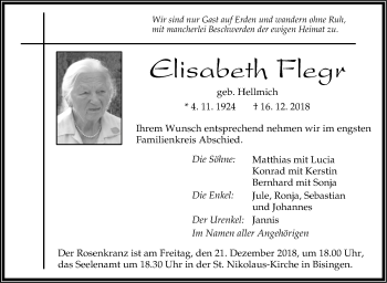 Traueranzeige von Elisabeth Flegr von Hohenzollerische Zeitung