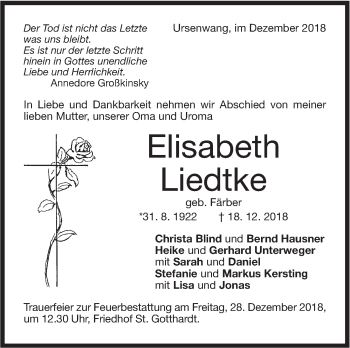 Traueranzeige von Elisabeth Liedtke von NWZ Neue Württembergische Zeitung