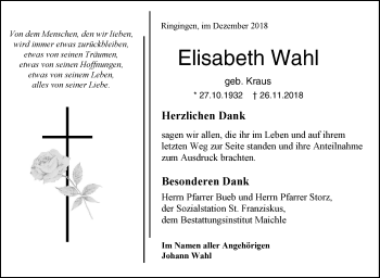 Traueranzeige von Elisabeth Wahl von Hohenzollerische Zeitung