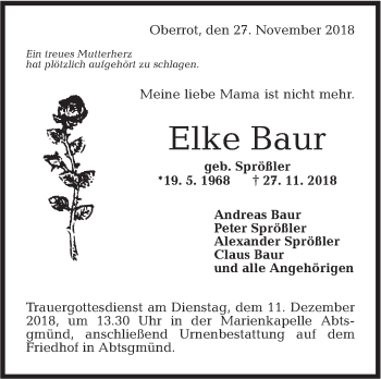 Traueranzeige von Elke Baur von Rundschau Gaildorf