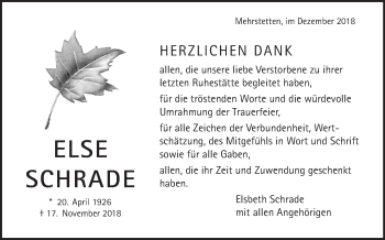 Traueranzeige von Else Schrade von Alb-Bote/Metzinger-Uracher Volksblatt