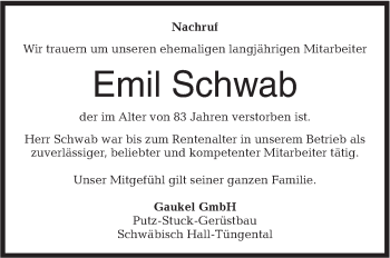 Traueranzeige von Emil Schwab von Haller Tagblatt